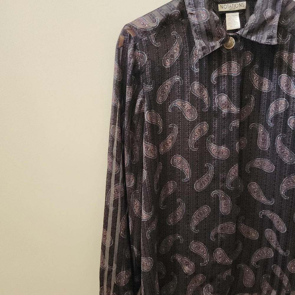 Vintage Notations Petite Sheer Paisley Button Up Blouse Size 12 Flowy 90s - Picture 2 of 8